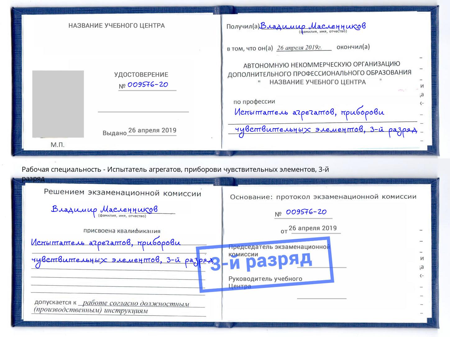 корочка 3-й разряд Испытатель агрегатов, приборови чувствительных элементов Курчатов