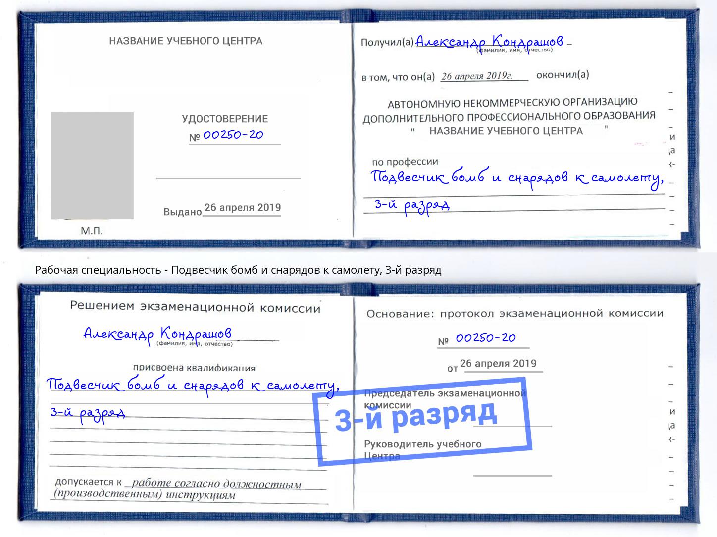 корочка 3-й разряд Подвесчик бомб и снарядов к самолету Курчатов