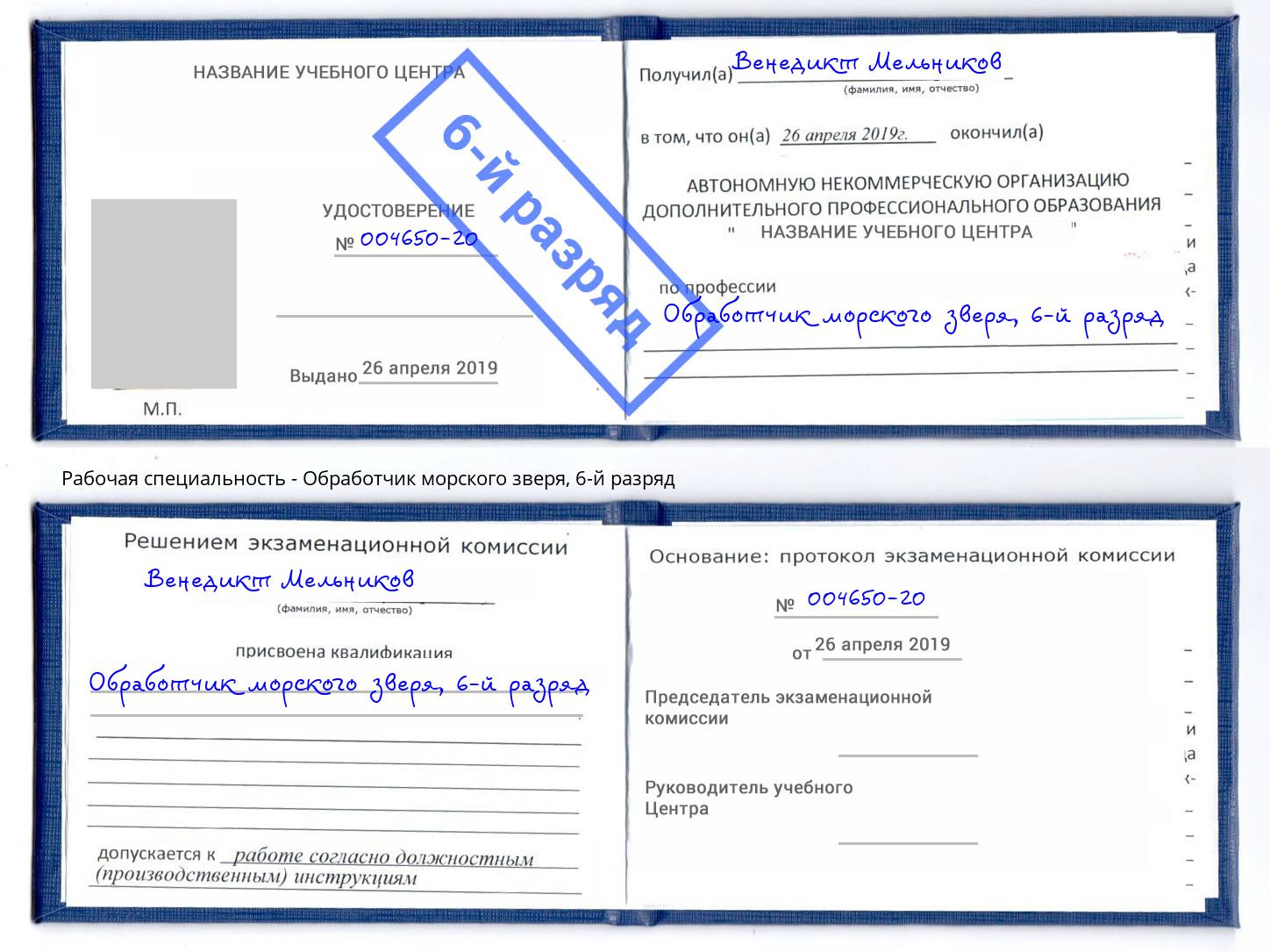 корочка 6-й разряд Обработчик морского зверя Курчатов