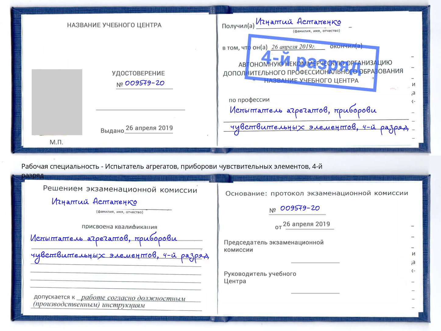 корочка 4-й разряд Испытатель агрегатов, приборови чувствительных элементов Курчатов