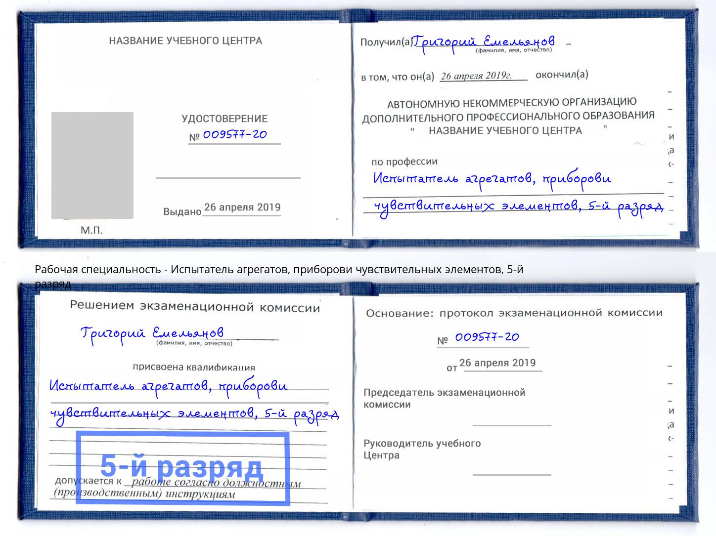 корочка 5-й разряд Испытатель агрегатов, приборови чувствительных элементов Курчатов