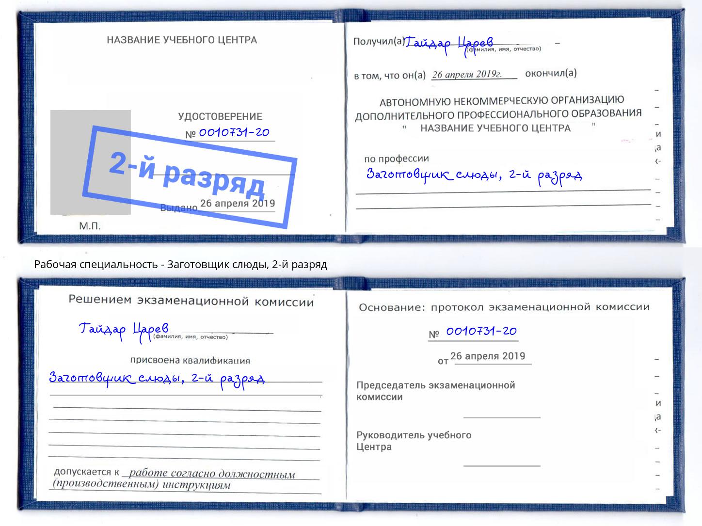 корочка 2-й разряд Заготовщик слюды Курчатов