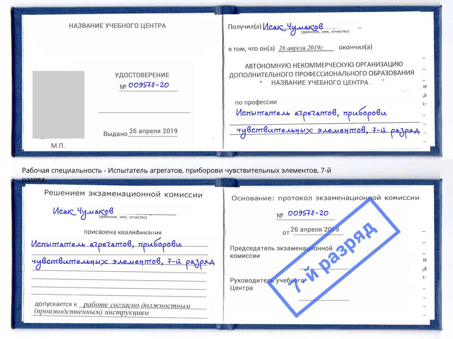 корочка 7-й разряд Испытатель агрегатов, приборови чувствительных элементов Курчатов
